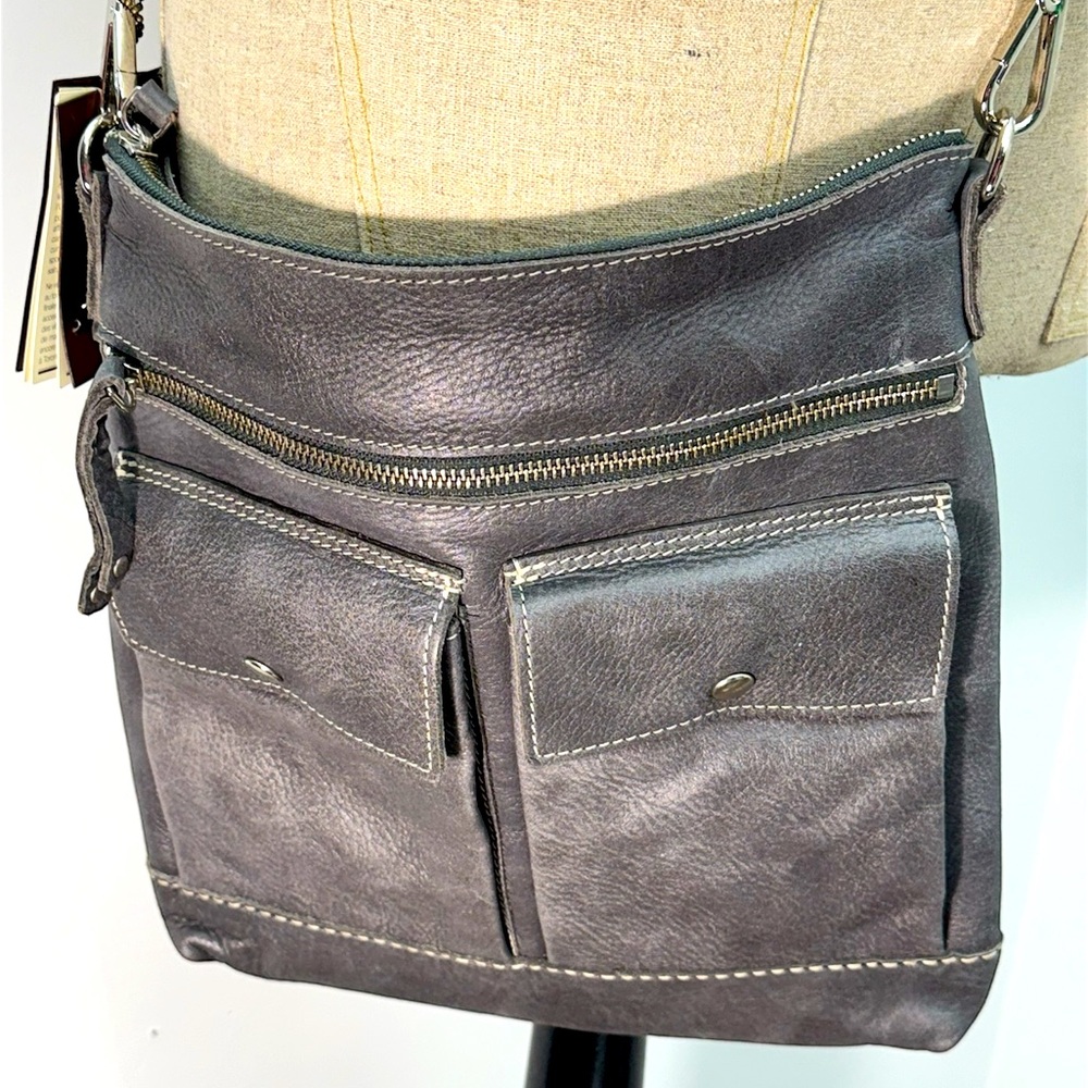 ORIGINAL ROOTS CROSS BODY BAG•CHARCOAL GREY•NEW WITH TAGS•11” WIDE x 12” TALL
